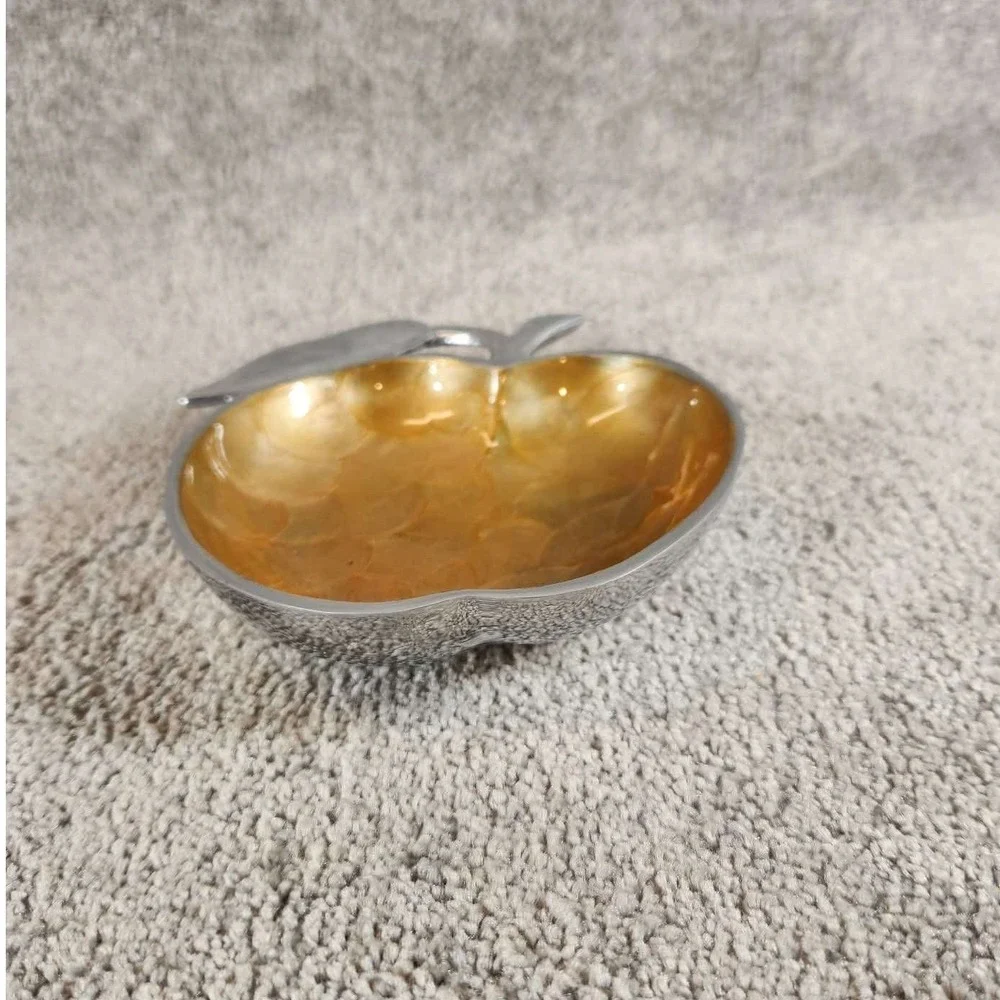 Gold Apple‎ Shaped Bowl Silver Bottom Scalloped Metal Trinket Dish